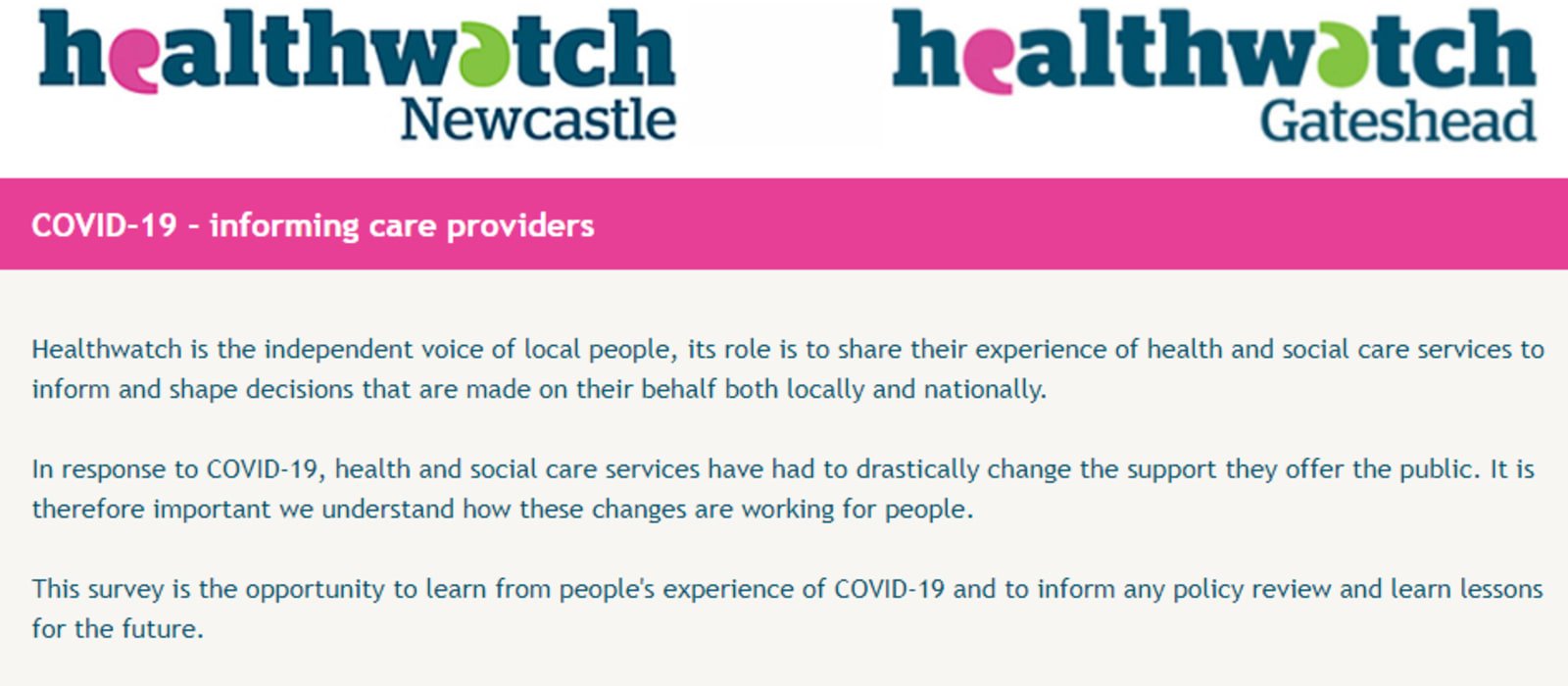 Healthwatch Survey seeks your experiences during Covid-19